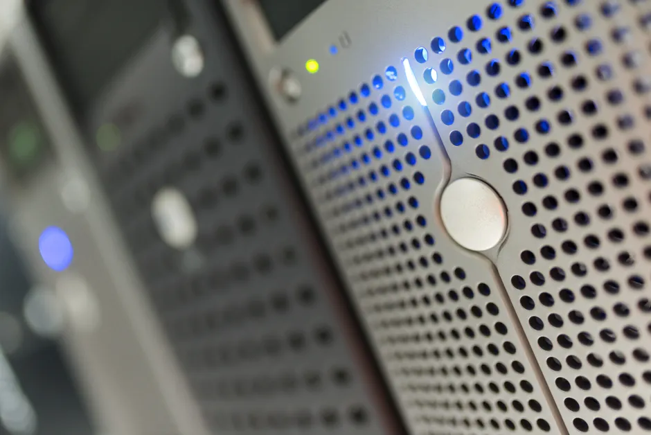 Focused detail of a modern server rack with blue L