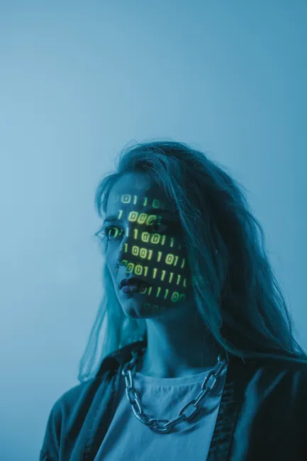 Stylized portrait of a woman with binary code proj