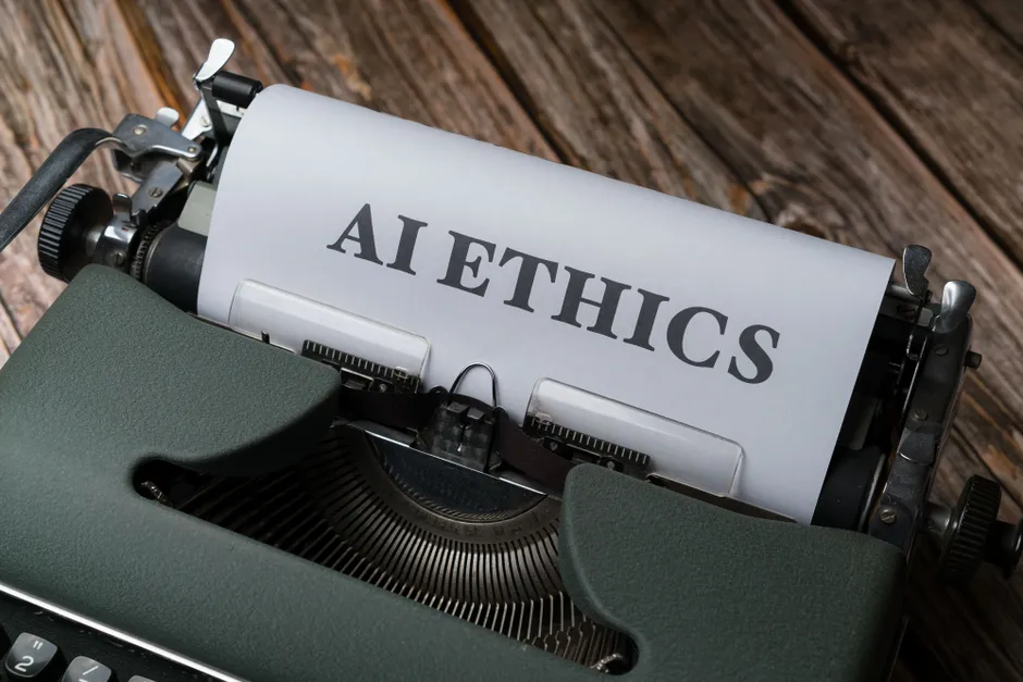 Retro typewriter with 'AI Ethics' on paper, convey